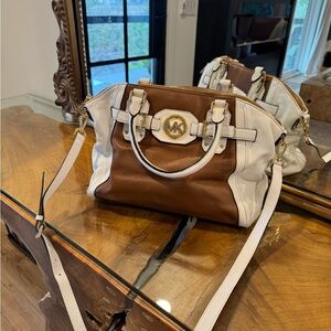 Brown and White Michael Kors Leather Handbag